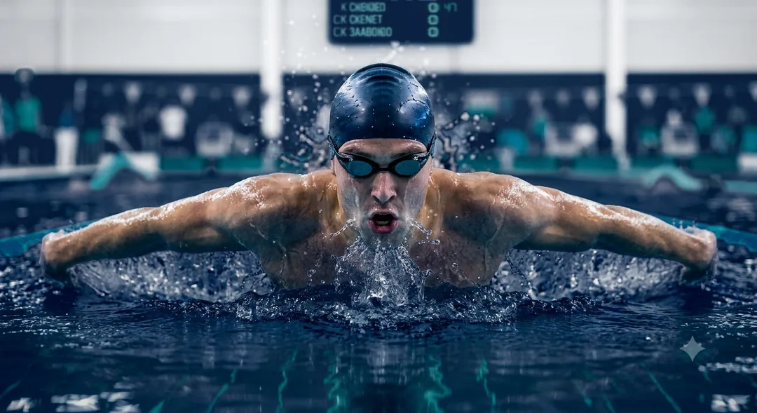 A competitive swimmer surfacing mid-stroke during training